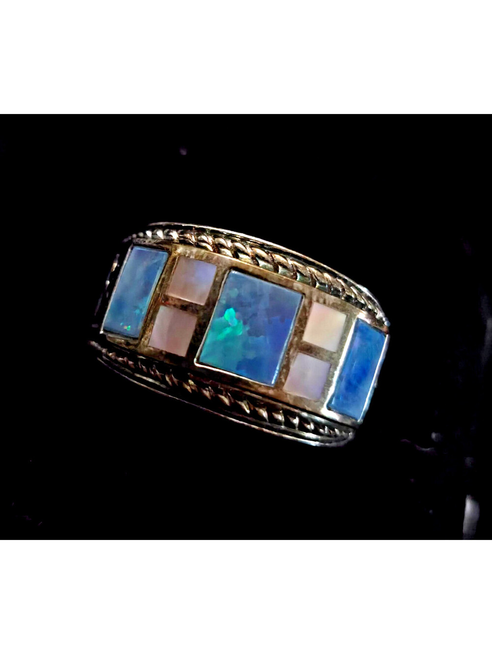 Whitney Kelly Australian Opal Doublet Mother of Pearl Sterling Ring Size 8 VTG